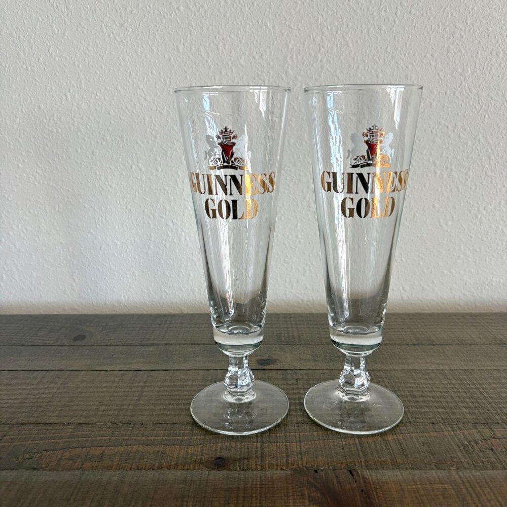 Guinness Gold Stem Pedestal Beer Glass Set of 2 Glasses Harp Lion Crest